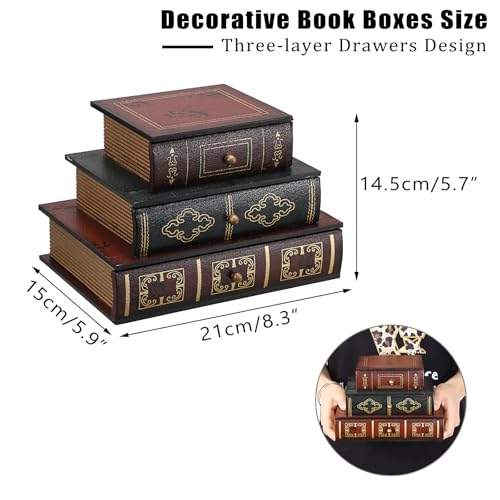 ELLDOO Vintage Decorative Book Box with Three-Layer Drawer, Antique Decorations Wooden Fake Book Jewelry Box Decorative Storage Drawer for Jewelry, Small Items, Tarot Cards