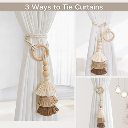 Boho Curtain Tiebacks with Wooden Beads & Tassel 2 Pack, Beige