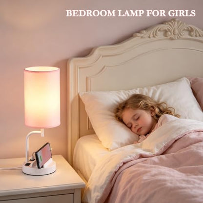 Dreamholder Touch Control USB Table Lamp with USB C/A & AC Outlet, 3-Way Dimmable Bedside Lamp, Modern Nightstand Lamps for Bedroom Living Room Guest Room Office, Bulb Included, White Pink - color: White Pink