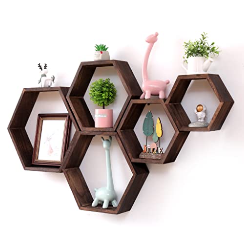 WONFUlity Hexagon Floating Shelves, Hexagonal Shelf Wall Mounted Storage - color: Brown, size: 5PC