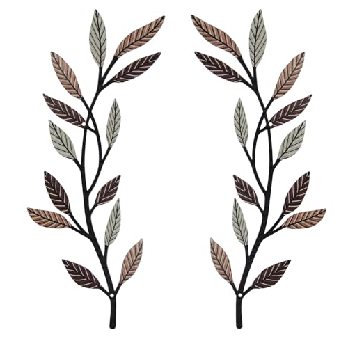 AHYS Metal Tree Leaf Wall Decor 2 PCS Rustic Vine Branch Leaf Wall Art for Living Room Bedroom Bathroom Decorations - Vintage Brown - color: Vintage Brown