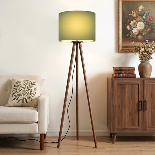 Buruis 60.6 Inch Walnut Wood Tripod Floor Lamp with Linen Drum Shade, Green - color: Green