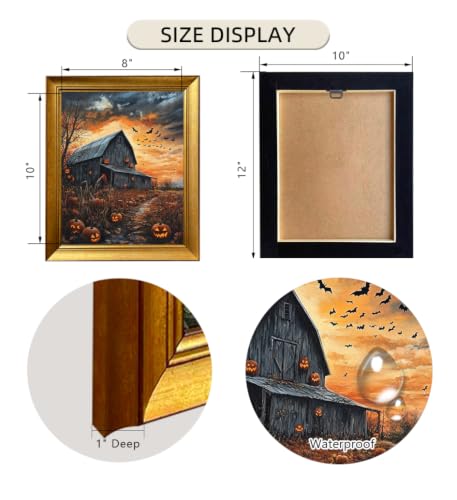 Vintage Gold Framed Halloween Wall Art, Spooky Haunted House Canvas Print, Gothic Wall Decor, Fall Pumpkin Picture Painting for Home Decoration, 10x12in Ready to Hang - color: Haunted Barn Halloween Pumpkin Farm Scene with Sunset Sky, size: 12"L x 10"W