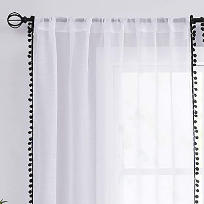 White Sheer Curtains with Black Pom-Pom for Living Room 52x63 Kids Room 2pk - color: White - Black, size: 52"W x 63"L (Pack of 2)