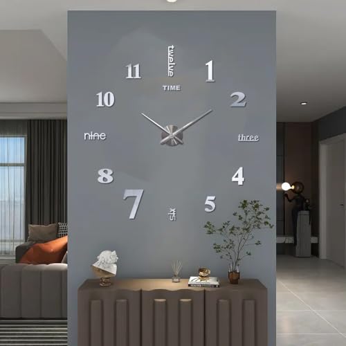 Frameless DIY Large Wall Clock Modern 3D Mirror Digital Big Wall Clocks for Living Room Bedroom Office Hotel Home Wall Decor (Silver)