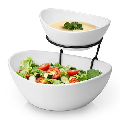 MALACASA 2 Tier Chip and Dip Serving Set with Metal Stand,Ceramic Appetizer Bowls for Party, Multi-Use Food Display for Fruits, Snacks,White Elegant Tiered Serving Dishes for Party - color: White