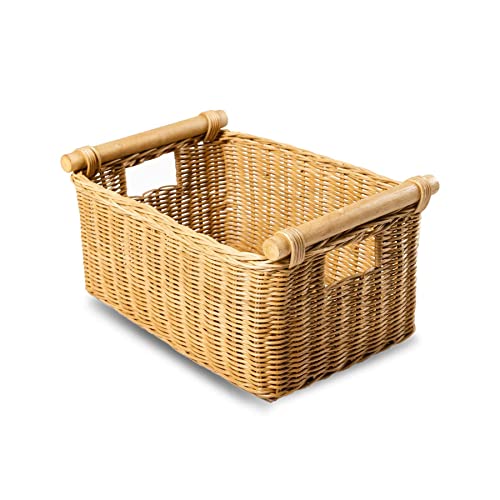 The Basket Lady Pole Handle Wicker Storage Basket, S, Sandstone - color: Sandstone, size: Small