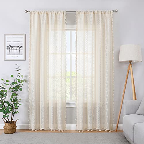 Beige Boho Sheer Lace Window Curtains with Tassel, 40" Wx54 Lx2 - color: Beige, size: 40"W x 54"L (Pack of 2)