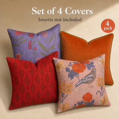 Embroidered Bold Patterned Throw Pillow Covers, 4 Pack Set, 18x18 Inch Floral Printed Modern Accent Pillow Covers - color: Floral