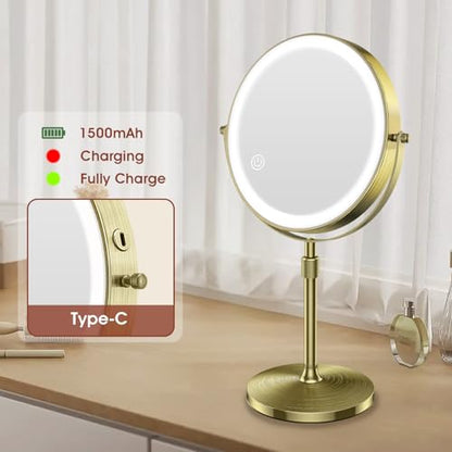 MILPROX Adjustable Height Makeup Mirror with 10X Magnifying & Light, Gold - color: Gold