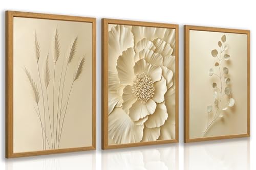 GELDSTEI Wood Framed Neutral Beige Botanical Wall Art Set of 3, 12x16 in | Elegant Beige Flower Wall Decor, Pampas Grass Botanical Leaves Art Prints, Warm Minimalist Decor for Living Room and Bedroom - color: Beige(Wood), size: 16"L x 12"W
