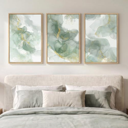 Framed Sage Green Abstract Wall Art for Bedroom, 3 Piece Set, Each 16x24 In - color: Glitter, size: 16" W x 24" H x 3pcs