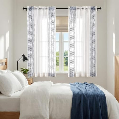 jinchan Floral Linen Sheer Boho Curtains 63 Inch Rod Pocket 2 Panels Blue - color: Boho Blue on White, size: 55"W x 63"L (Pack of 2)