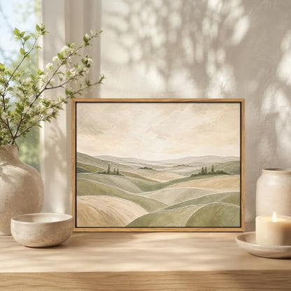 Framed Modern Neutral Green Abstract Landscape Canvas Wall Art, 16x12 In - color: ROLLING HILLS, size: 16"L x 12"W