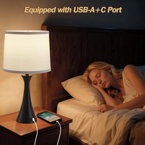 Touch Table Lamps Set of 2, 21" Bedside Lamps with USB C+A - color: Black & White Shade