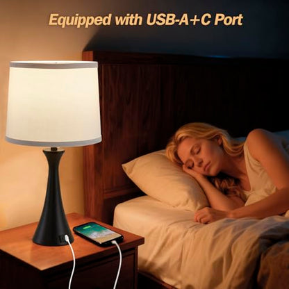 Touch Table Lamps Set of 2, 21" Bedside Lamps with USB C+A - color: Black & White Shade