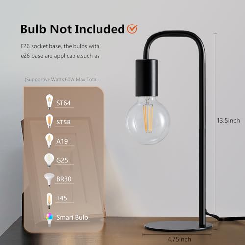 Industrial Table Lamp for Bedroom, Small Table Lamps for Bedside with Wire Switch, E26 Socket Base, Modern Nightstand Lamp for Living Room, Reading, Office, Bulb Not Included. - color: Black