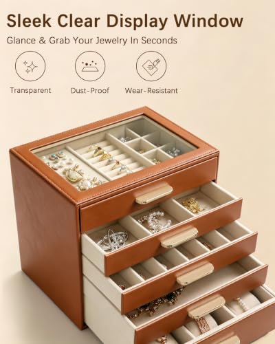 Homeanda Jewelry Boxes Organizer with Glass Lid, 5-Layer PU Leather, Brown - color: Brown, size: 5 Layer
