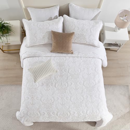 100% Cotton Oversized Bedspread Quilt Coverlet Set, 128"x120" - color: White/Beige Embroidery, size: Extra Wide Super King(128"x120")