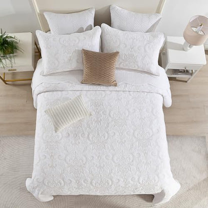 100% Cotton Oversized Bedspread Quilt Coverlet Set, 128"x120" - color: White/Beige Embroidery, size: Extra Wide Super King(128"x120")