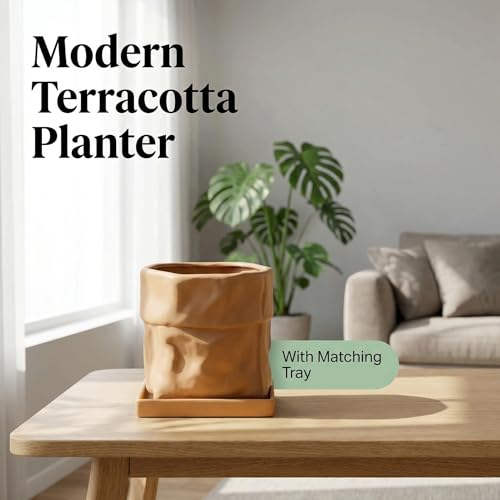 Nihow 6 Inch Ceramic Plant Pot with Drainage & Square Saucer, Terracotta - color: Terracota, size: 6 Inch