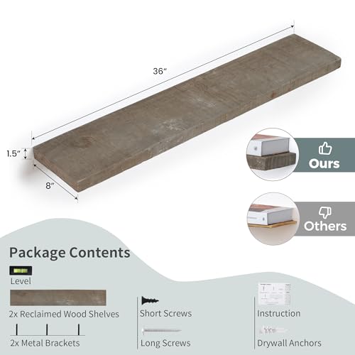 FLYJOE Floating Shelves | 8" Deep Rustic Reclaimed Barnwood Wall Hanging Shelves with Invisible Heavy-Duty Metal Bracket | Wall Mounted | Farmhouse Style | 36 inches, 2 PCs, Distressed Grey - color: Distressed Grey, size: 36inches-2P