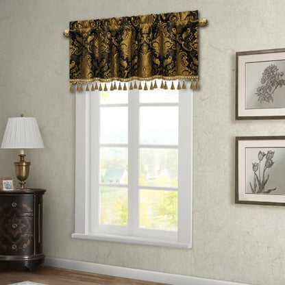 Loom and Mill Classic Chenille Damask Valances for Windows, Black, 54"x18" - color: Florence-black+copper Bronze