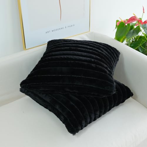 JOJUSIS Faux Fur Plush Throw Pillow Covers, Black, 22 x 22-Inch - color: Black, size: 22" x 22" (Pack of 2)