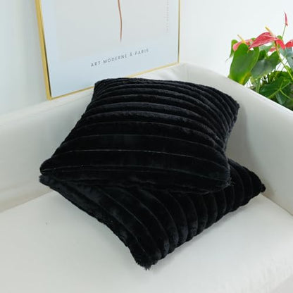 JOJUSIS Faux Fur Plush Throw Pillow Covers, Black, 22 x 22-Inch - color: Black, size: 22" x 22" (Pack of 2)