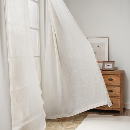 DriftAway Semi Sheer Scalloped Edge Linen Coastal Beach Window Curtains for Living Room Bedroom 2 Panels Rod Pocket Each Size 52 Inch by 84 Inch Taupe - color: Linen Taupe, size: 52"W x 84"L (Pack of 2)