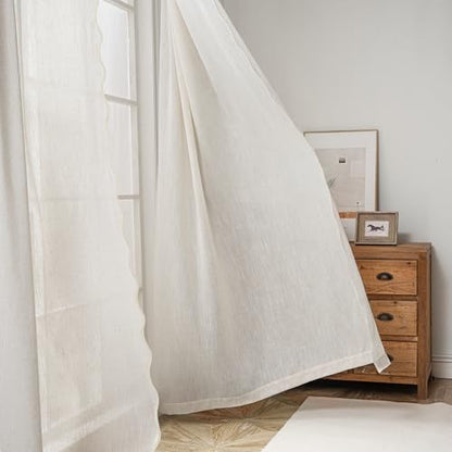 DriftAway Semi Sheer Scalloped Edge Linen Coastal Beach Window Curtains for Living Room Bedroom 2 Panels Rod Pocket Each Size 52 Inch by 84 Inch Taupe - color: Linen Taupe, size: 52"W x 84"L (Pack of 2)