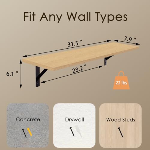 DINZI LVJ Long Wall Shelves, 31.5" Wall Mounted Shelves with Metal Brackets - color: Natural, size: 31.5 Inch
