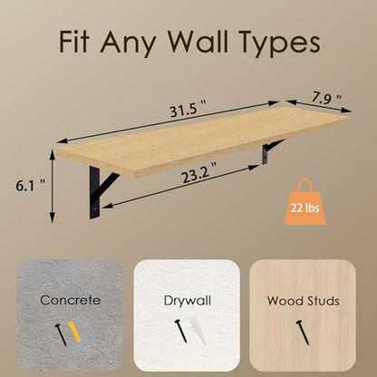 DINZI LVJ Long Wall Shelves, 31.5" Wall Mounted Shelves with Metal Brackets - color: Natural, size: 31.5 Inch