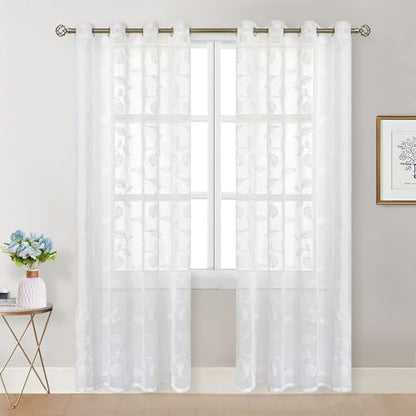BGment White Sheer Curtains 90 Inches Long Living Room 2 Panels - color: White-leaf, size: 52"W x 90"L (Pack of 2)
