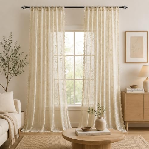 Kotile Natural Beige Sheer Curtains 72 Inches Long, Boho Floral Lace Panels - color: Beige, size: 52"W x 72"L (Pack of 2)