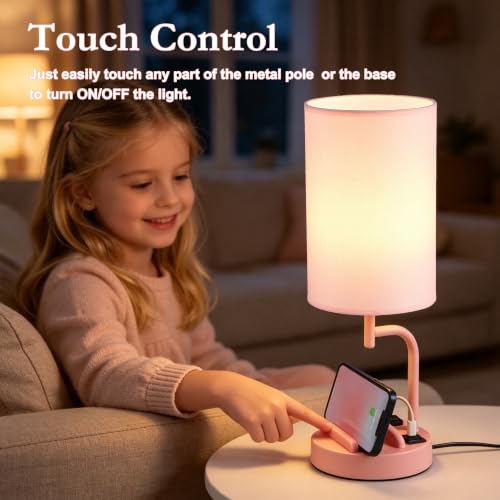 Dreamholder Touch Control USB Table Lamp with USB C/A & AC Outlet, 3-Way Dimmable Bedside Lamp, Modern Nightstand Lamps for Bedroom Living Room Guest Room Office, Bulb Included, Pink - color: Pink