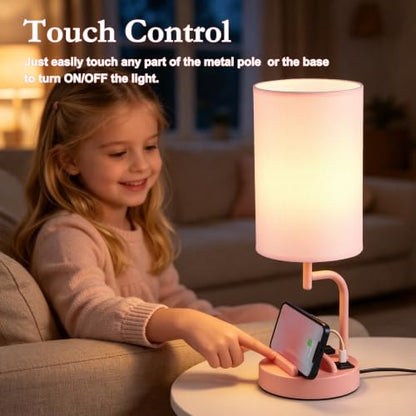 Dreamholder Touch Control USB Table Lamp with USB C/A & AC Outlet, 3-Way Dimmable Bedside Lamp, Modern Nightstand Lamps for Bedroom Living Room Guest Room Office, Bulb Included, Pink - color: Pink