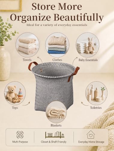 Wicker Storage Baskets, 4 Pack Woven Baskets for Shelves, Grey - color: Round Gray