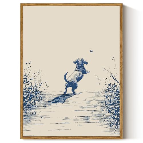 ARPEOTCY Vintage Framed Canvas Wall Art, 12x16inch, Farmhouse Happy Dog Wall Decor, Animal Art Prints Home Decorations, Sketch Paintings for Living Room Bedroom Shelf Decor - color: Puppy, size: 16"L x 12"W