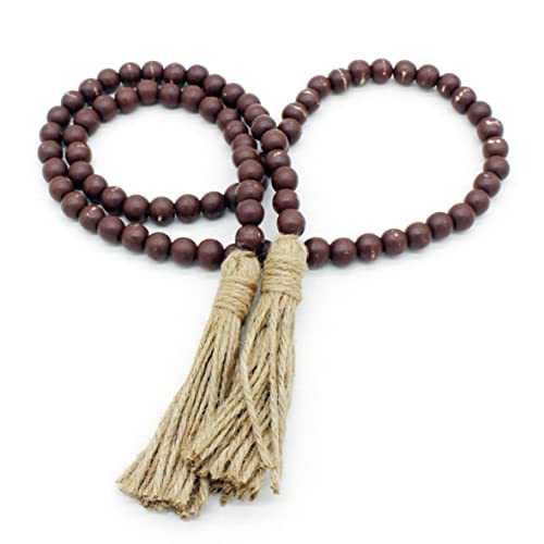 CVHOMEDECO. Wood Beads Garland with Tassels Farmhouse Rustic Wooden Prayer Bead String Wall Hanging Accent for Home Festival Decor. Brown Distressed - color: Brown