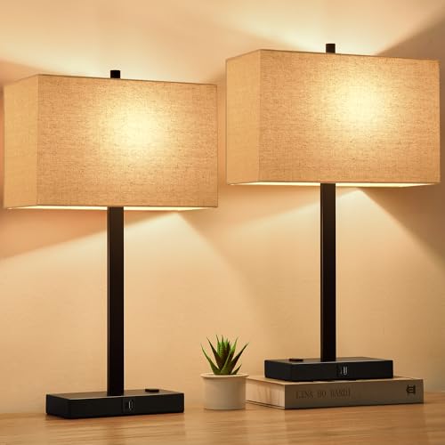 21" Touch Bedside lamps with 2 USB & AC Outlets, 3-Way Dimmable Bedside Table Lamps Set of 2 for Bedroom Living Room Office Reading, Beige Linen Shade Lamps for Night Stands, 2700K LED Bulbs Included - color: Beige Linen & Matte Black