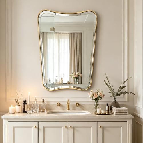 POZINO 36"x24" Brushed Gold Irregular Beveled Mirror for Bathroom Sink - color: Brushed Gold Irregular, size: 36"L x 24"W