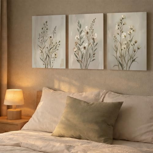 Neutral Wildflower Canvas Wall Art Set of 3, Beige Floral, 12x16 Inch - color: Light green flowers and grass, size: 12x16 inch