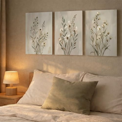 Neutral Wildflower Canvas Wall Art Set of 3, Beige Floral, 12x16 Inch - color: Light green flowers and grass, size: 12x16 inch