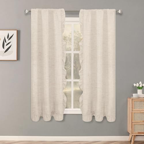 2 Panel 32" W by 63" H Linen Window Curtain Set Rustic Style Decoration with Ruffled Edge, Tie Backs and Wall Adhesive Hooks (Natural) - color: Natural, size: 32"W x 63"L (Pack of 2)