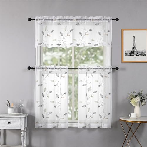 Regal Home Collections Kitchen Tiers & Window Valance Curtains Set - 54x36 Rod Pocket Cafe Tier, Curtain Valances for Windows, Light Filtering Fabric, Leaves White/Champagne - color: Cedar/Champagne