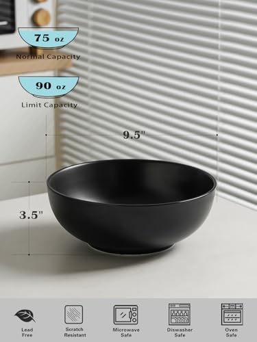 Kanwone Large Serving Bowls - 9.5 inch, 90oz Ceramic Salad Bowls, Fruit Bowls, Pasta, Soup Bowls, Set of 2, Serving Bowls for Entertaining, Microwave and Dishwasher Safe, Matte Black - color: Matte Black, size: 9.5 Inch