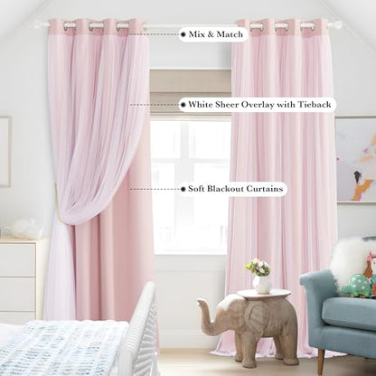 Blush Pink Blackout Curtains with White Sheer Overlay for Girls Bedroom - color: Blush Pink, size: 52"W x 63"L (Pack of 2)