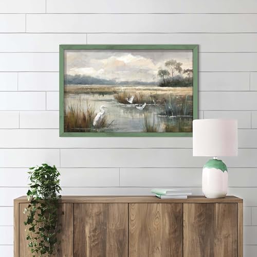 HILL WEST Rustic Landscape Lake Bird Framed Wooden Wall Art, 24x16inch - color: Bird, size: 24"L x 16"W