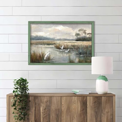 HILL WEST Rustic Landscape Lake Bird Framed Wooden Wall Art, 24x16inch - color: Bird, size: 24"L x 16"W